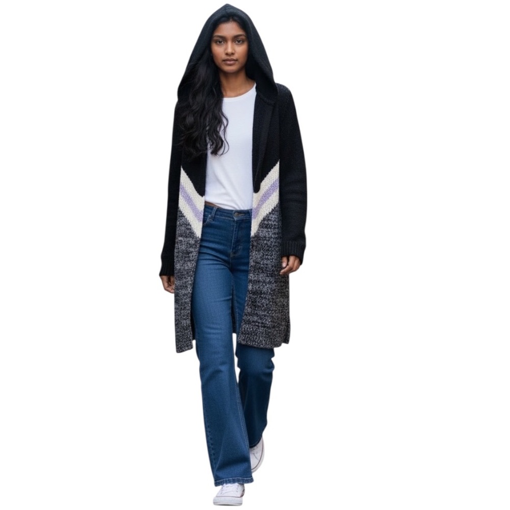 Y2K Christopher & Banks Hooded Sweater Cardigan Duster Women Sz L Academia Retro